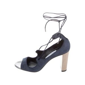Jimmy Choo Vernie Sandals 6.5 Denim Blue Leather Strappy Wood‎ Block Heel